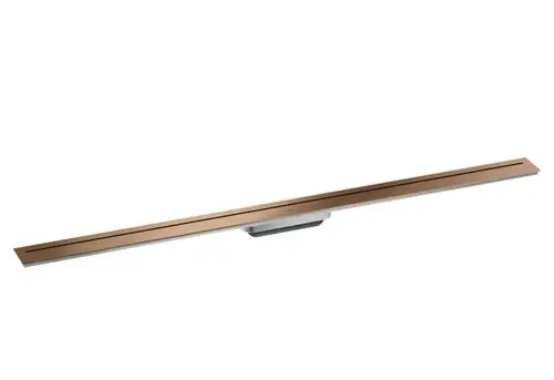Duschrinne mit gebürsteter Rotgold-Oberfläche von AXOR, lang und flach, geeignet zur Integration in Duschen für eine saubere Abwasserentsorgung.